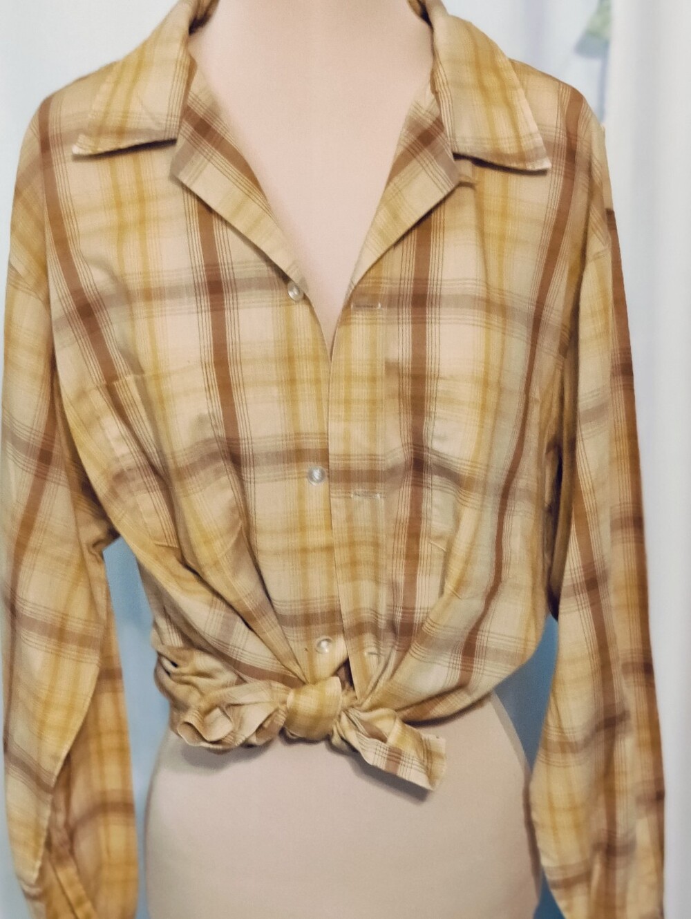 Best Color boyfriend Button Front Shirt Plaid Matte Gold mid century Vintage L